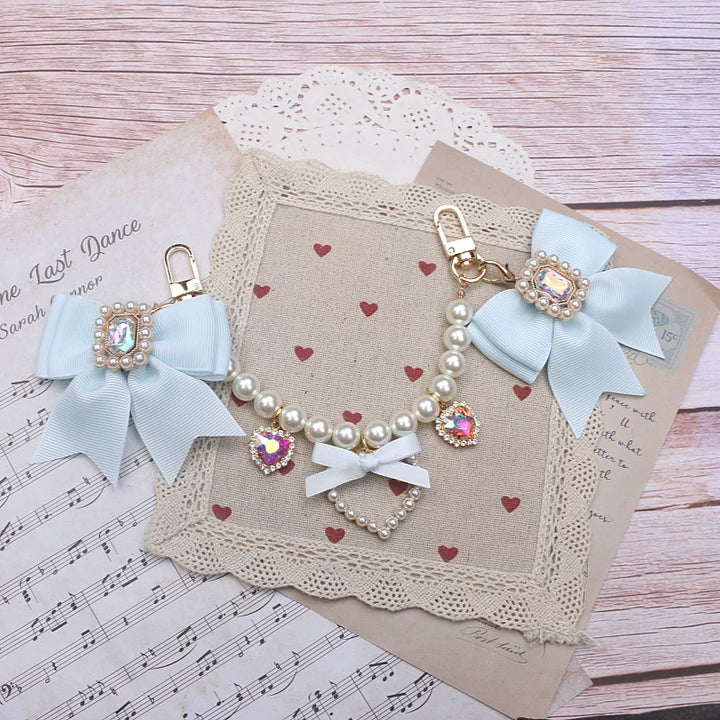 Ryousangata Bag Chain & Bow Charm, Heart-Shaped Rhinestone (Aqua) 45075:839491