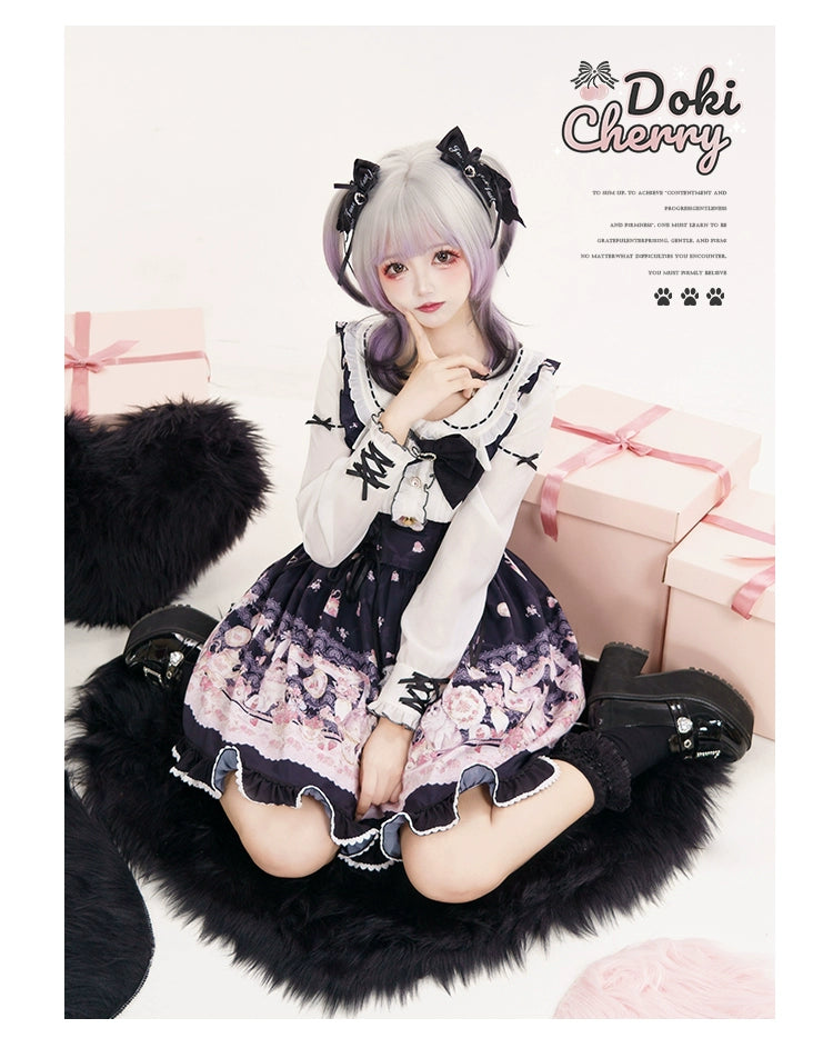 Kawaii Ryousangata Dress Long-sleeved Cat Printed OP Dress 40560:665190