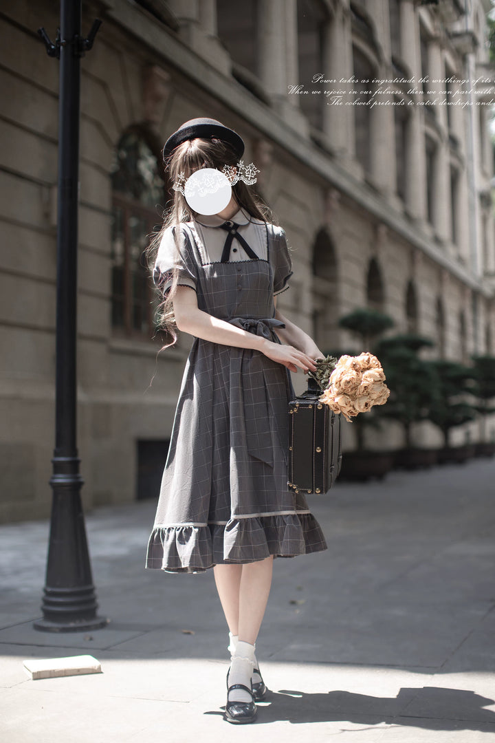 Elegant Grey Plaid Dress, Scalloped Trim & Puff Sleeves 45750:863111