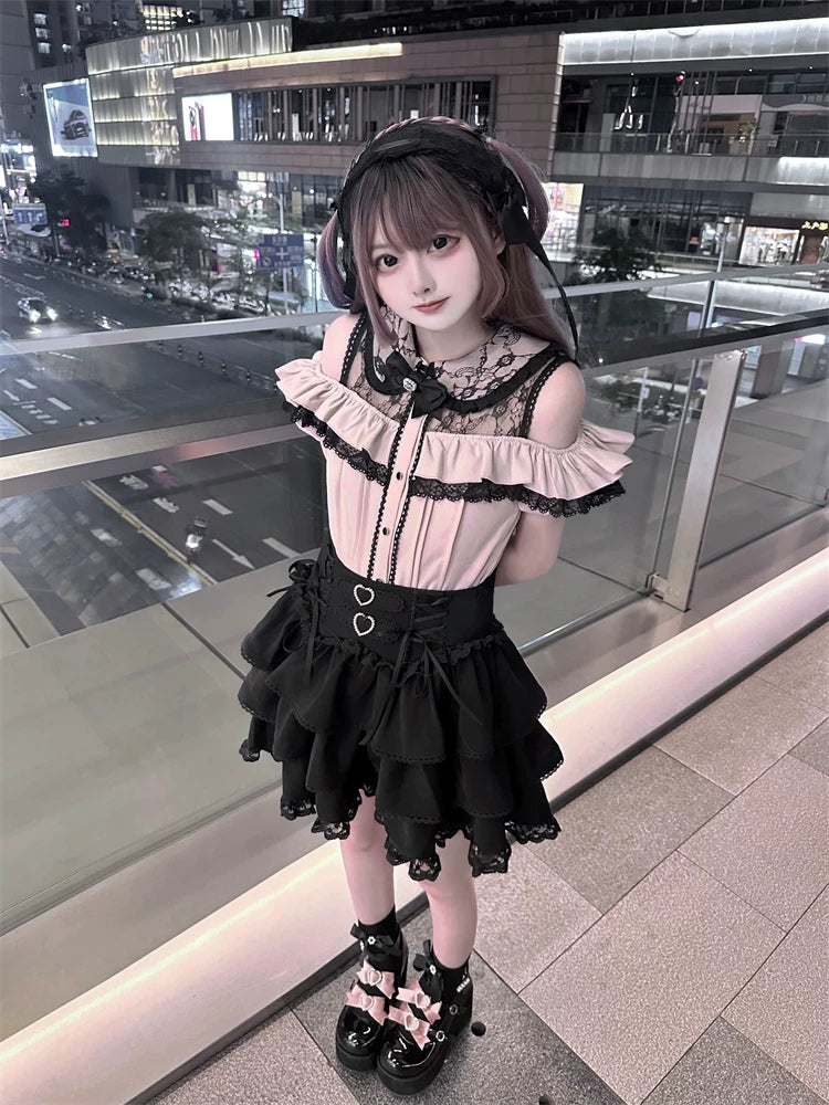 Jirai Kei Off Shoulder Blouse, Tiered Skirt 45584:856516