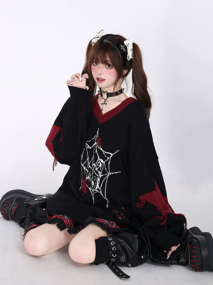 Plus Size Subculture Sweater Spider Web Sweater V-neck Sweater 39688:633840