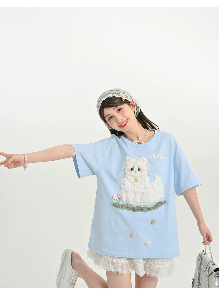 Kawaii T-shirt Short Sleeves Cotton Top Patch Embroidery 35896:559534