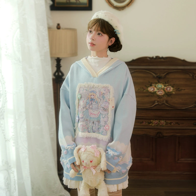 Mori Kei Sweatshirt Alice Print Blue Hoodie Autumn Vest 39316:639814