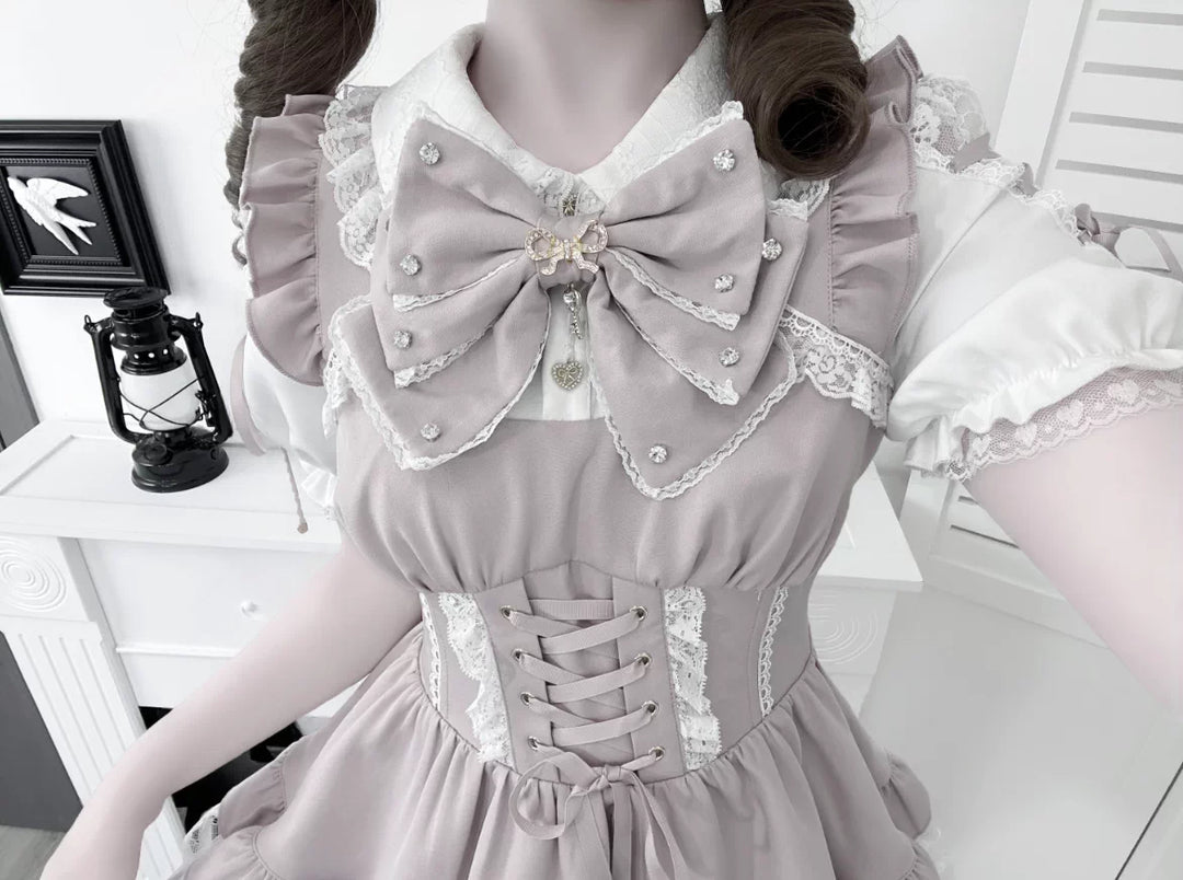 Jirai Kei Lace Plaid Dress Set, Detachable Rhinestone Bow 45700:860703