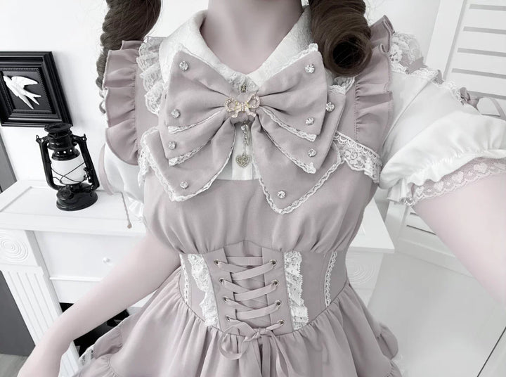 Jirai Kei Lace Plaid Dress Set, Detachable Rhinestone Bow 45700:860703