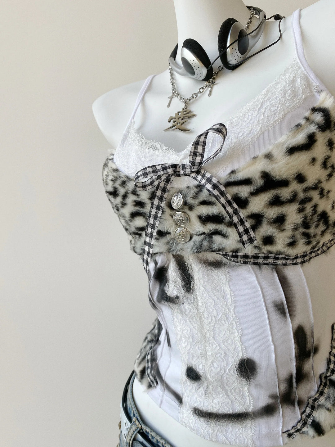 Y2K Leopard Cami Top, Kitten Print and Plaid Bow 45512:854700