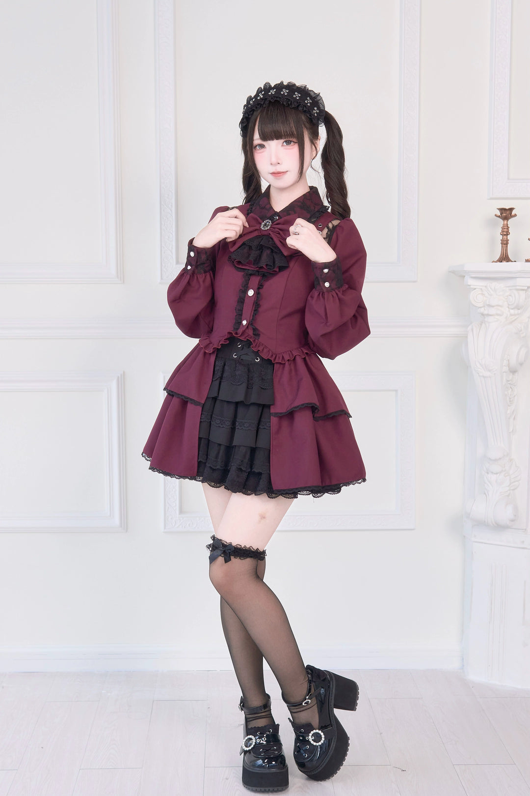 Light Gothic Blouse, Long Tiered Hem, Back Shirring (酒红 / L M) 43588:780732