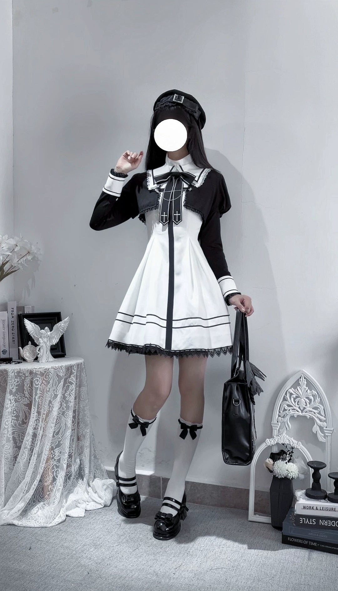 Gothic Dress with Pleated Hem, Detachable Faux Collar 45807:865824
