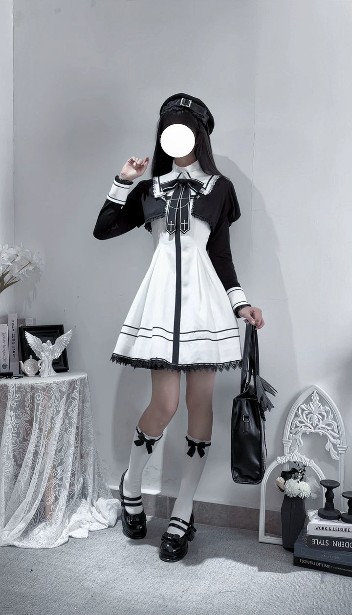 Gothic Dress with Pleated Hem, Detachable Faux Collar 45807:865824