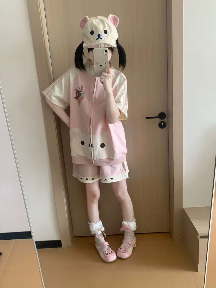 Summer Kawaii Outfit, Short Sleeve Zip-Up Sweatshirt 43557:779729