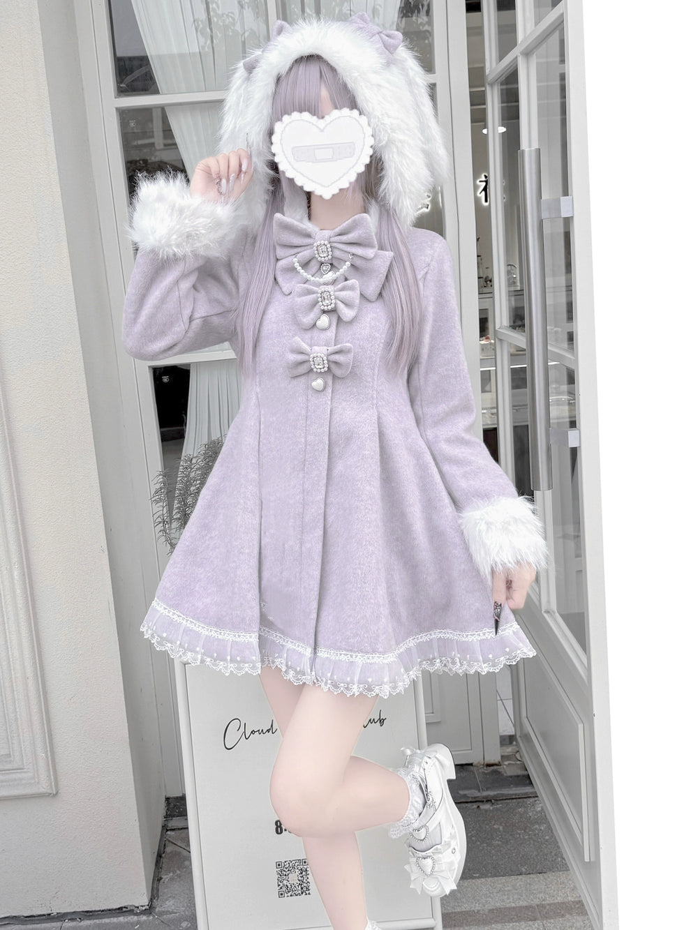 Wool-Blend Ryousangata Coat, Detachable Bunny Ear Hood (L M S) 44014:793003