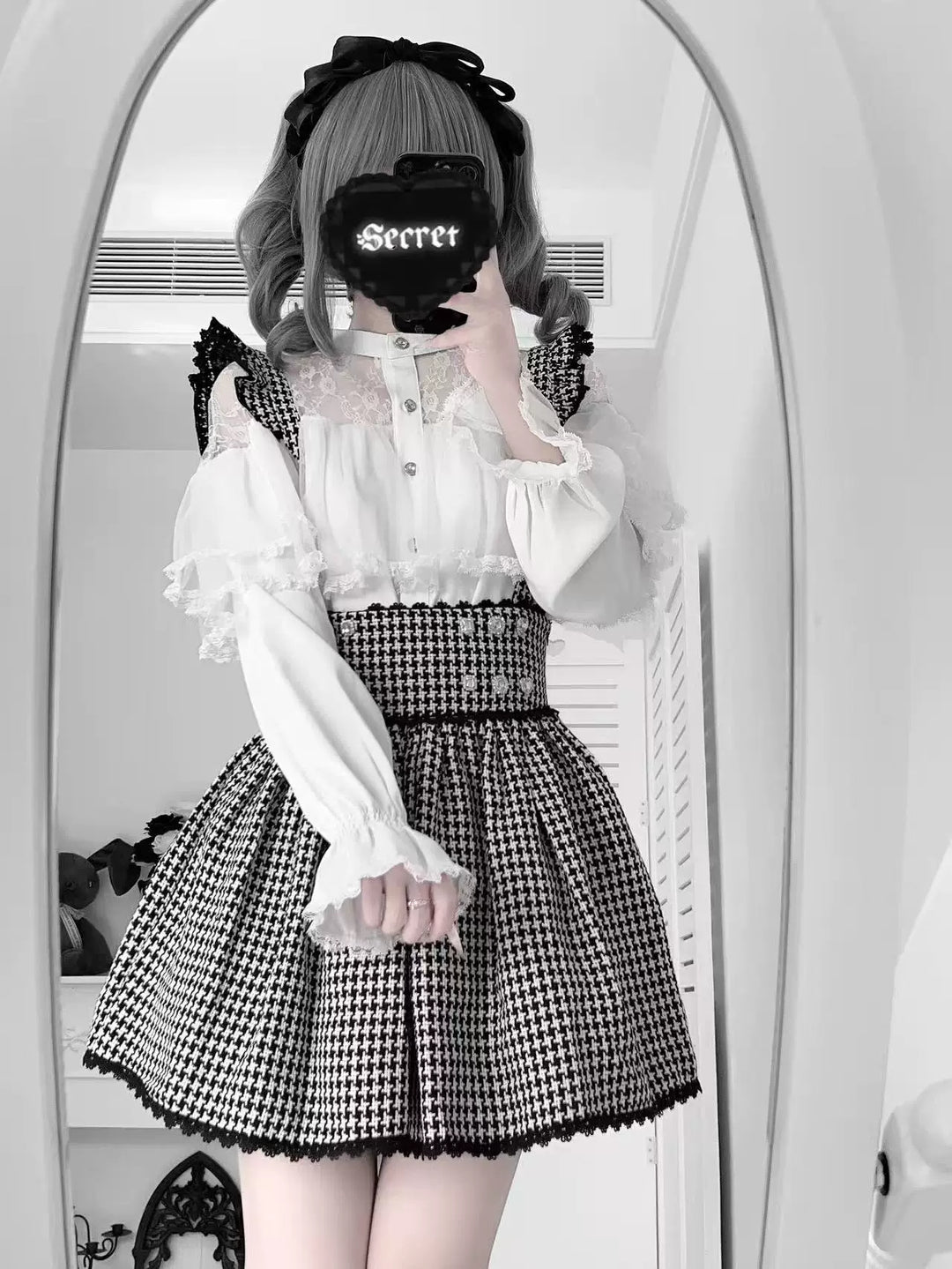 Jirai Kei Sheer Lace Shirt, Houndstooth Suspender Skirt (2XL L M S XL) 44894:827656