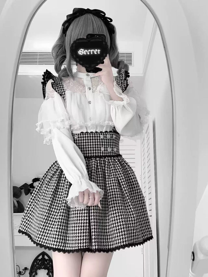 Jirai Kei Sheer Lace Shirt, Houndstooth Suspender Skirt (2XL L M S XL) 44894:827656