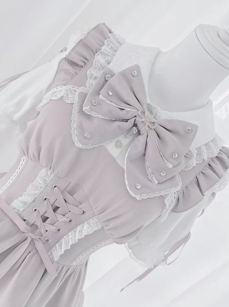 Jirai Kei Lace Plaid Dress Set, Detachable Rhinestone Bow 45700:860714