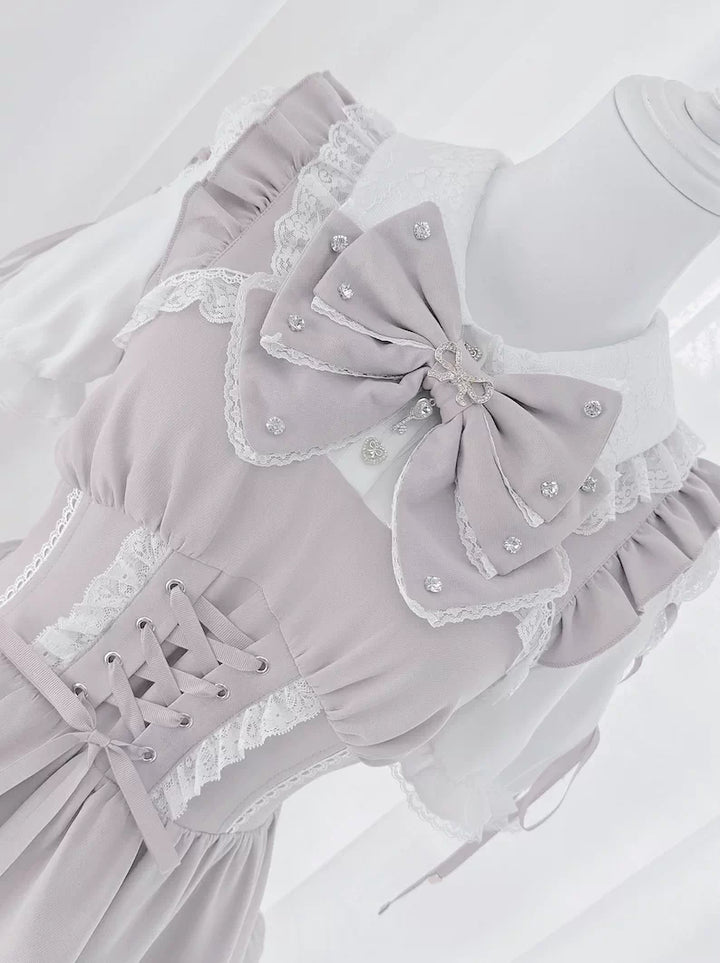 Jirai Kei Lace Plaid Dress Set, Detachable Rhinestone Bow 45700:860714
