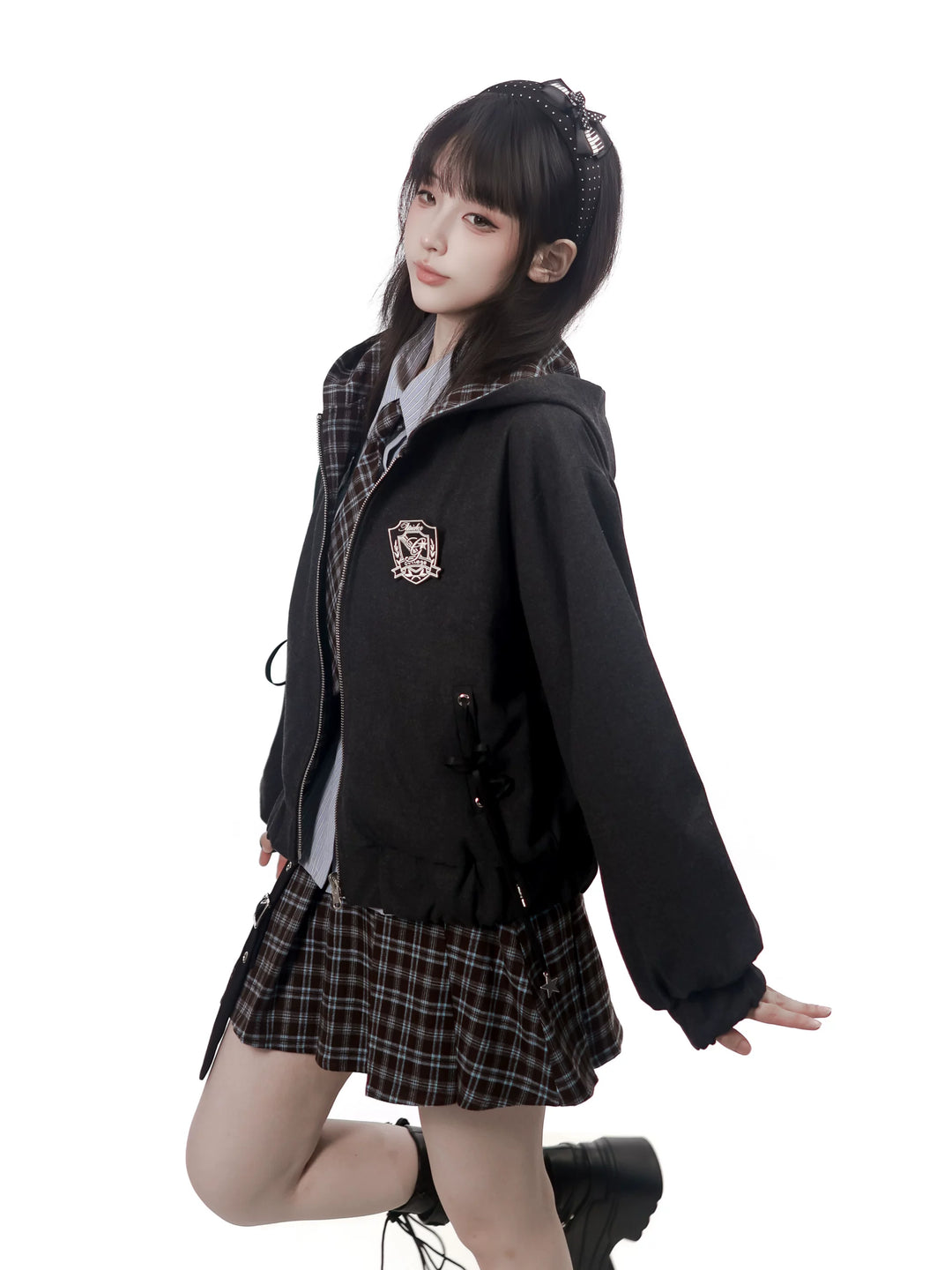 Preppy Reversible Plaid Jacket Set, Striped Blouse 45874:868430