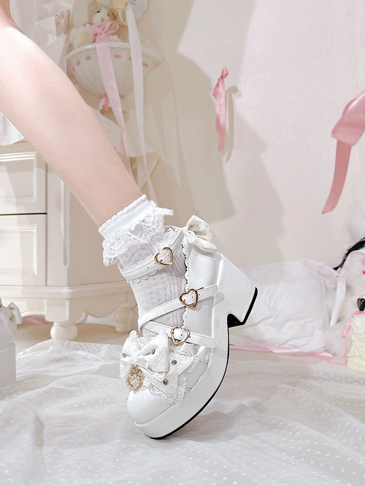 Jirai Kei Platform Shoes, Lace Bow Details, Chunky Heel 43445:778173