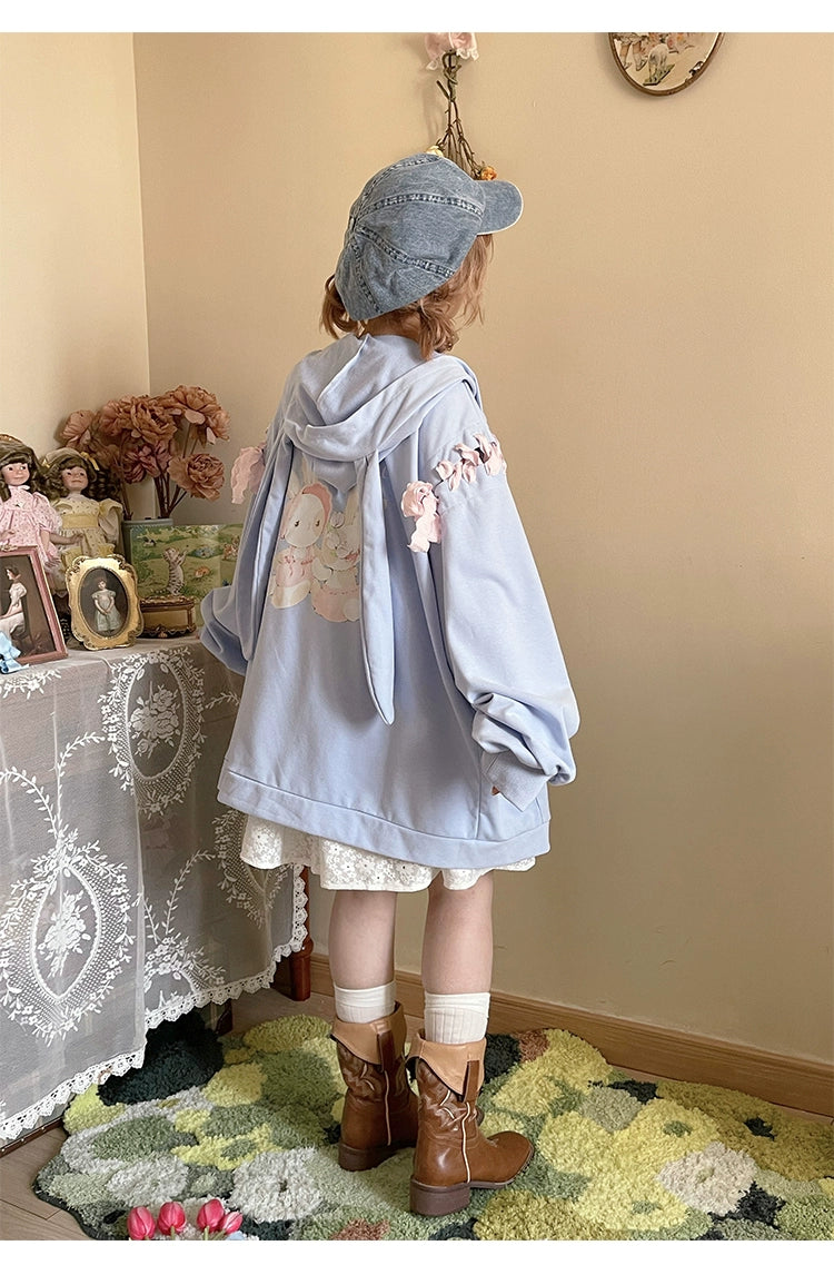 Pastel Oversized Hoodie Blue Apricot Bunny Ears Sweatershirt 22656:344340 22656:344340