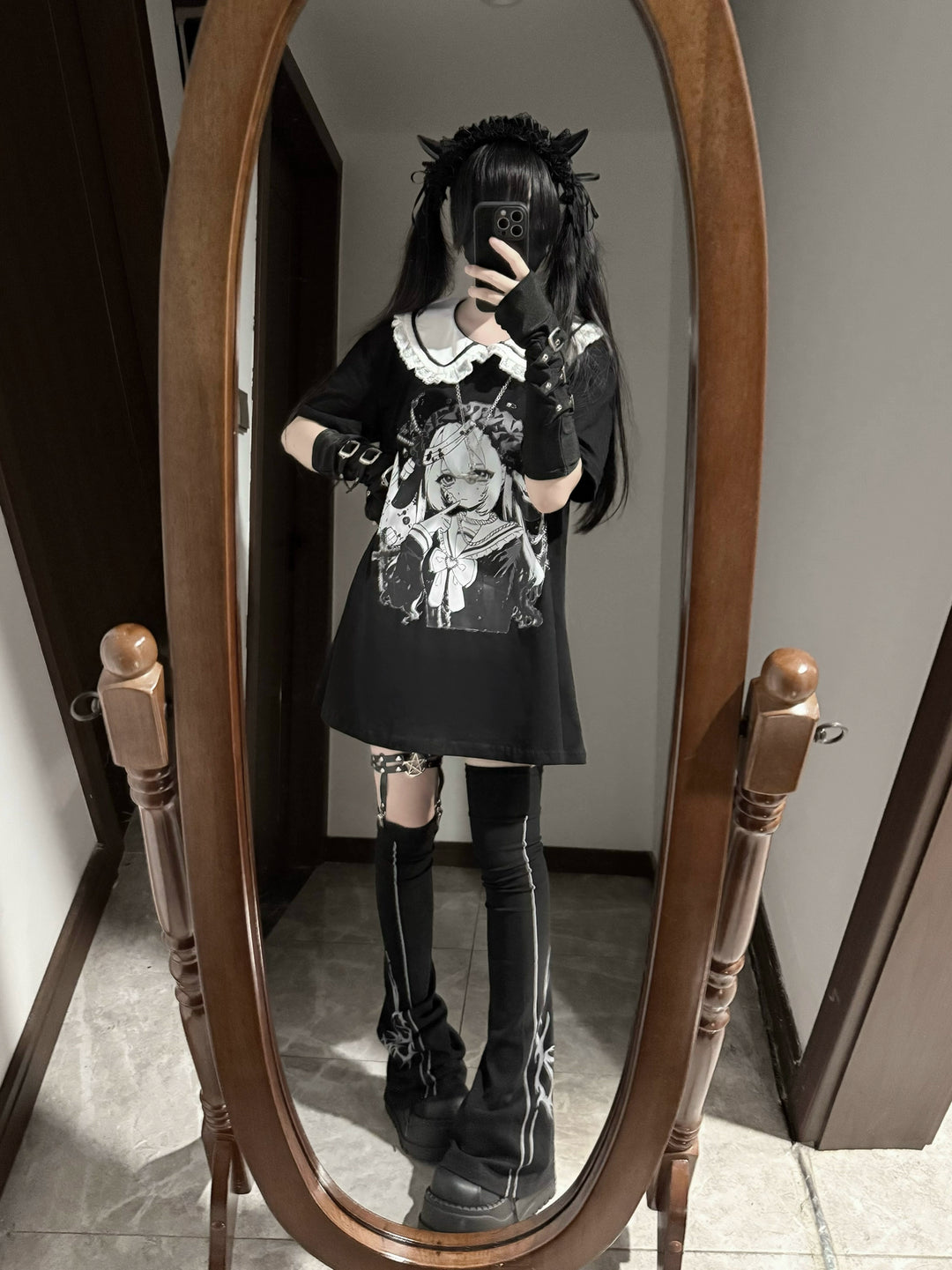 Cotton Subcul Jirai Kei T-Shirt, Dark Cute Girl Print 43568:779990
