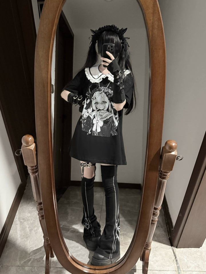 Cotton Subcul Jirai Kei T-Shirt, Dark Cute Girl Print 43568:779990
