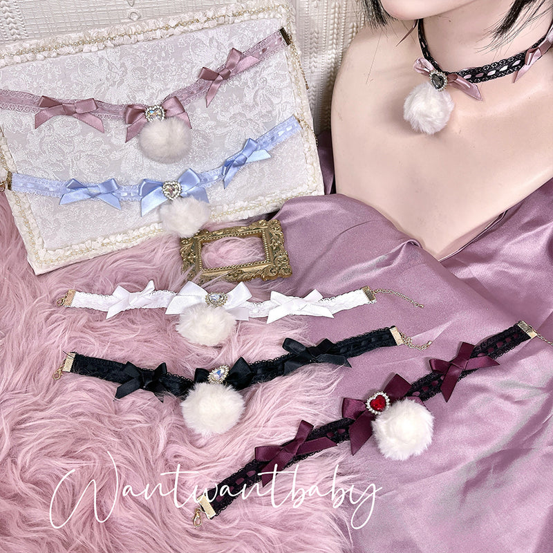 Jirai Kei Lace Choker With Bows Rhinestones And Heart-shaped Ball 42234:733385