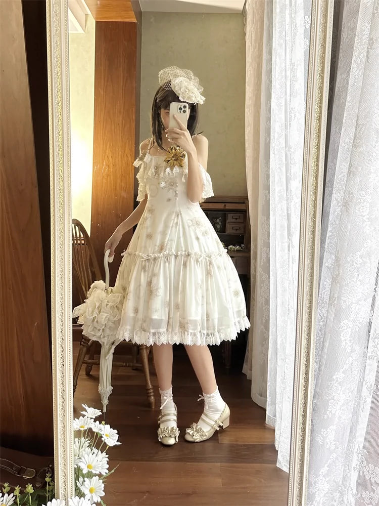 Lolita Dress Sunflower Print JSK White Strap Lolita Dress 36480:545902