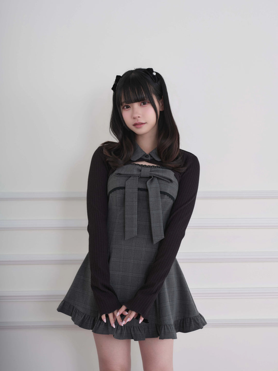 Ryousangata Dress & Knit Bolero Set, Plaid/Striped Pattern 46030:873178