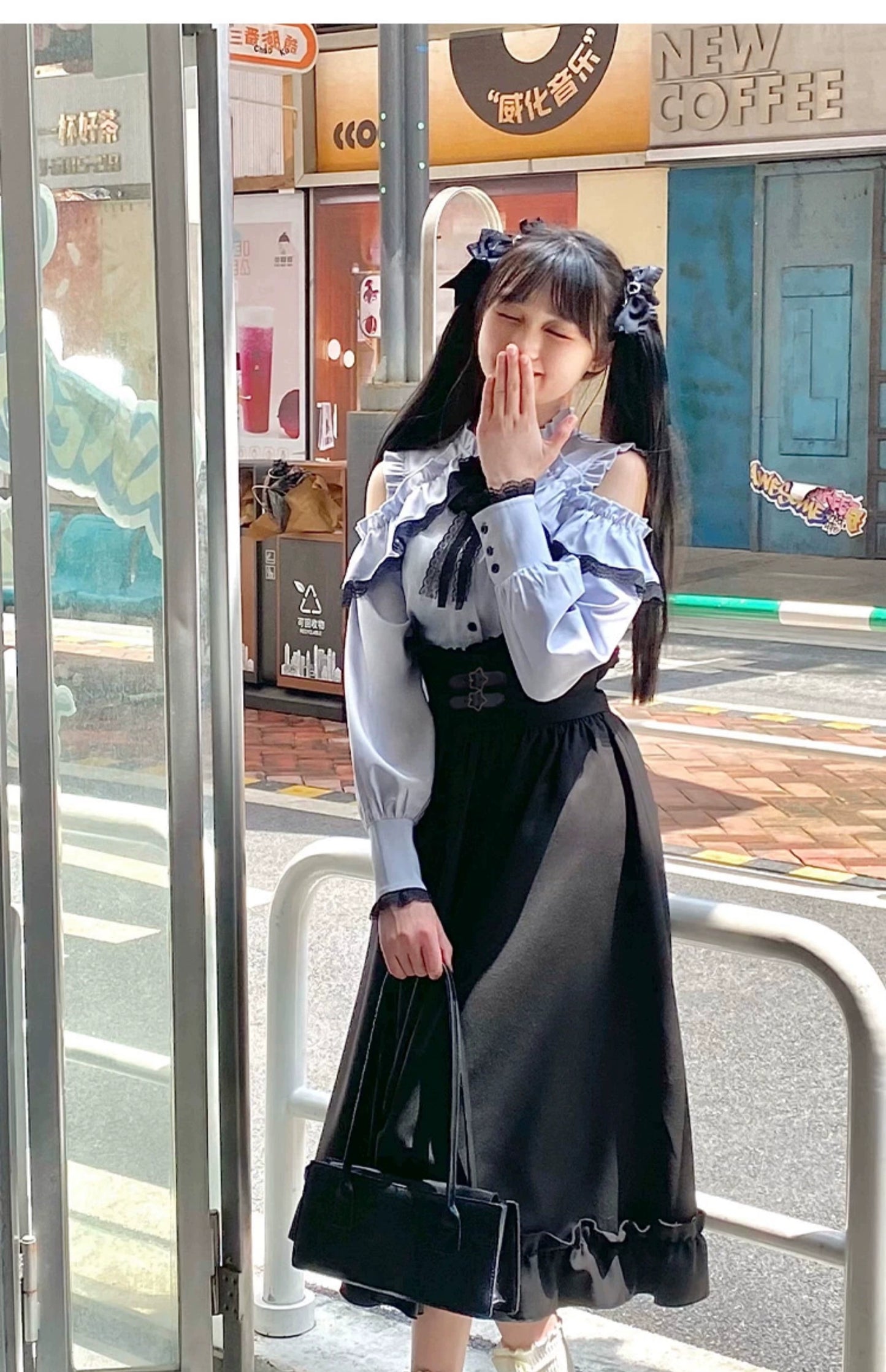 Jirai Kei Blue Long Sleeve Blouse Black Skirt 29514:353414