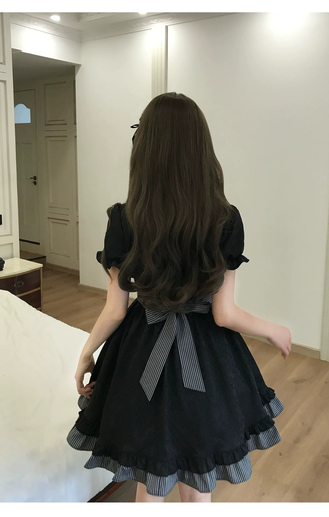 Black Jacquard A-Line Fluffy Dress, Striped Bows 45349:849900