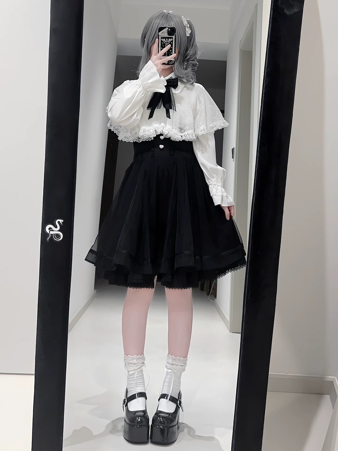 Jirai Kei Winter Cape, Lace Blouse, High-Waist Skirt (2XL 3XL 4XL L M S XL) 44199:808463