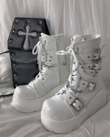 Y2K Spicy Girl Cross Black White Platform Shoes Boots 28962:343940