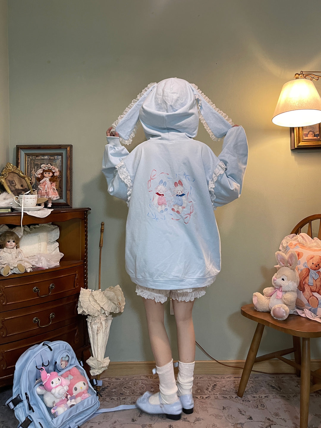 Fairy Kei Bunny Ears Hoodie Lace Coat Multicolor (Blue) 22654:345412 (Blue) 22654:345412