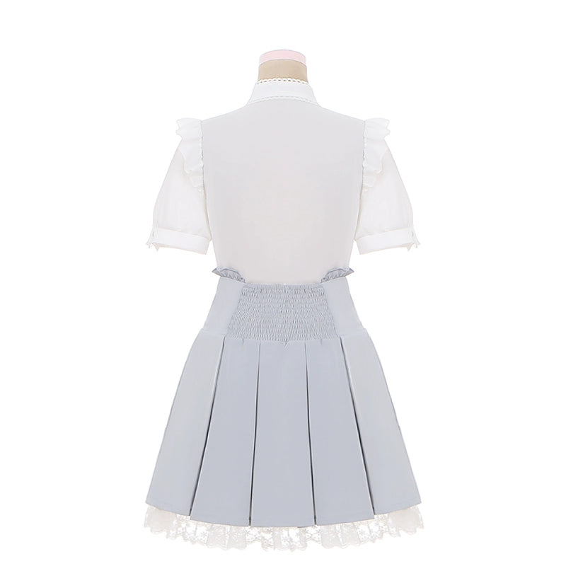 White Jirai Kei Blouse with Ribbon & Blue Pleated Skirt With Elastic Band 42979:760026