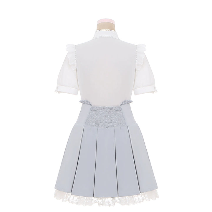White Jirai Kei Blouse with Ribbon & Blue Pleated Skirt With Elastic Band 42979:760026
