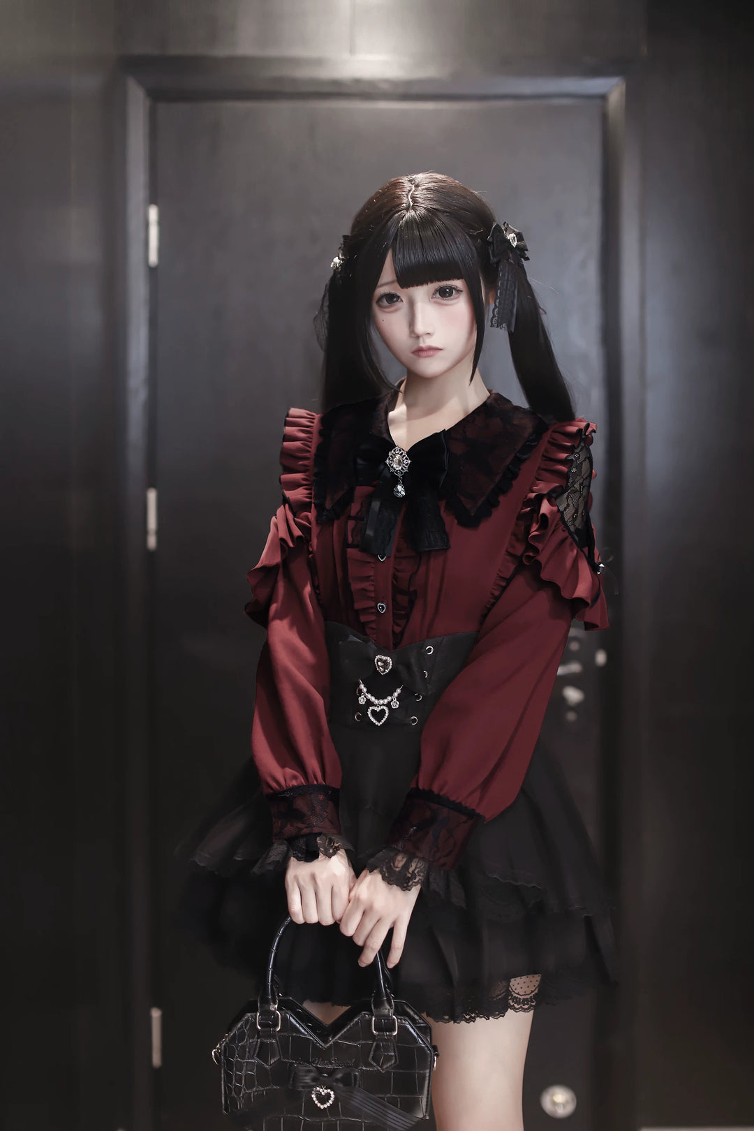 Jirai Kei Long Sleeve Blouse, Lace Overlay and Heart Buttons 44589:815204