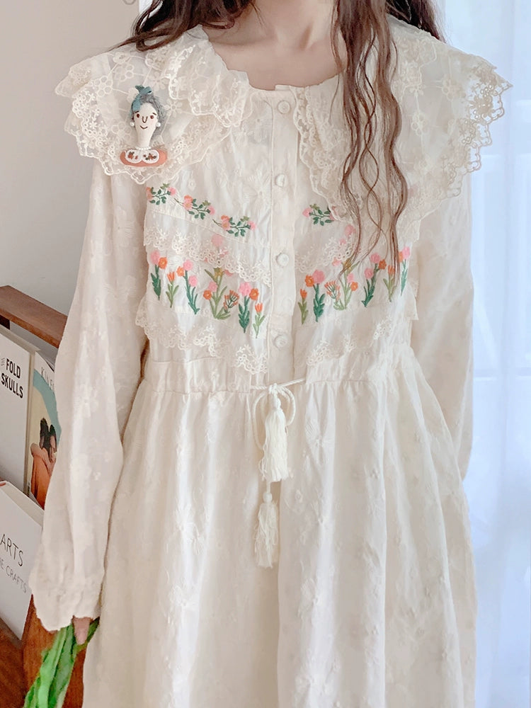 Mori Kei Peter Pan Collar Beige Lace Embroidery Long Sleeve Dress 22568:329364 22568:329364