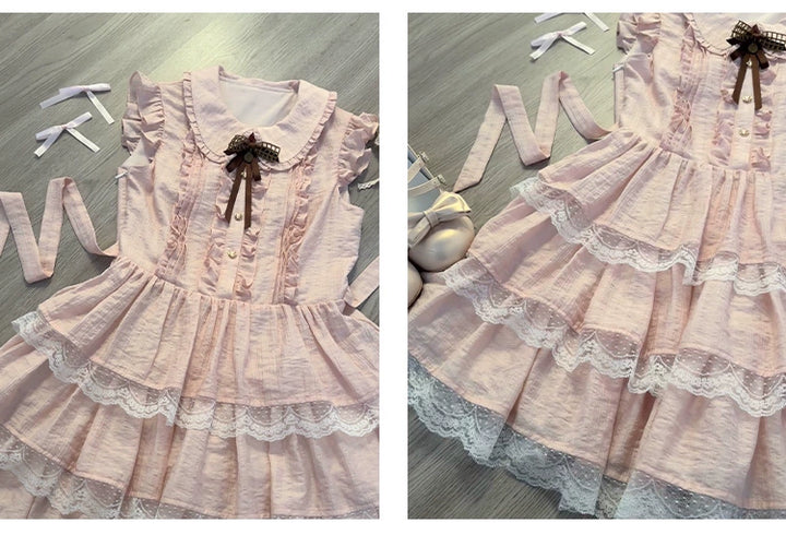 Sweet Style Lace Trim Dress, Tiered Ruffles 43546:779197