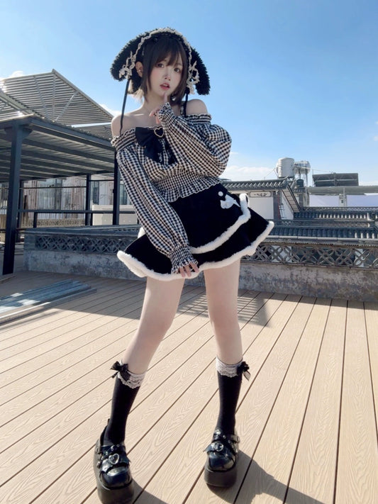 Jirai Kei Off Shoulder Blouse Plaid Shirt Black Skirt Set 34388:484112