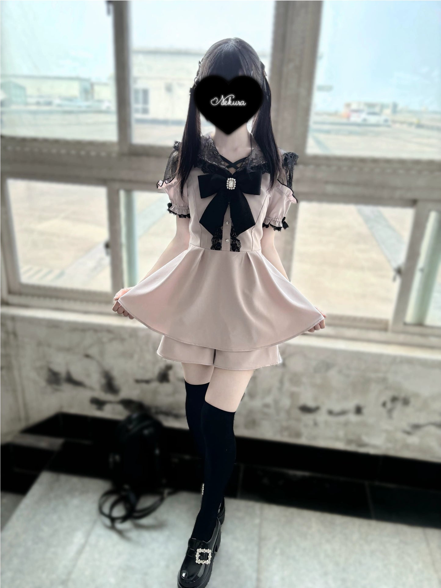 Jirai Kei Dress Set Pink Black Open-Shoulder Winged Collar Dress 37660:578016