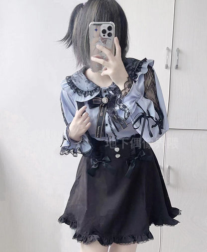 Jirai Kei Light Blue Gray Pink Lace Up Blouse With Long Sleeve 21730:320698