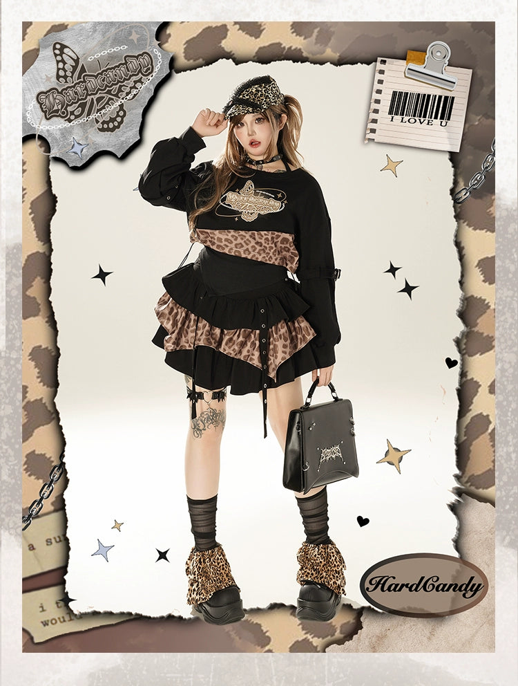 Plus Size Gyaru Outfit Set Leopard Plaid Skirt Set 39400:627826