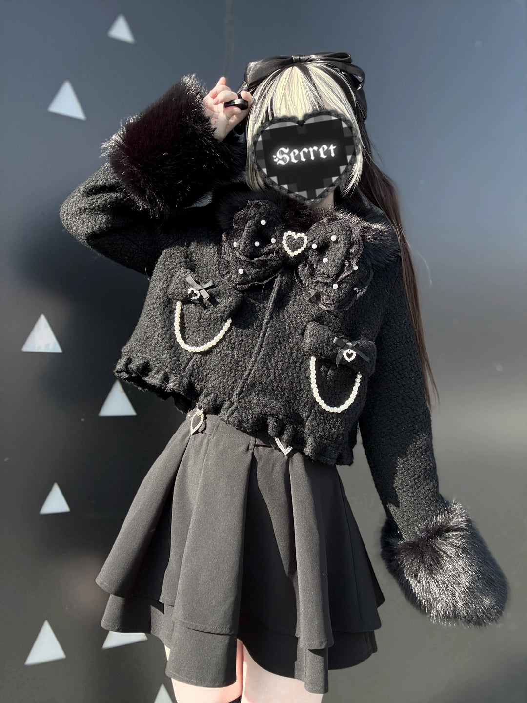 Black Jirai Kei Short Coat, Detachable Faux Fur Collar 44331:805475