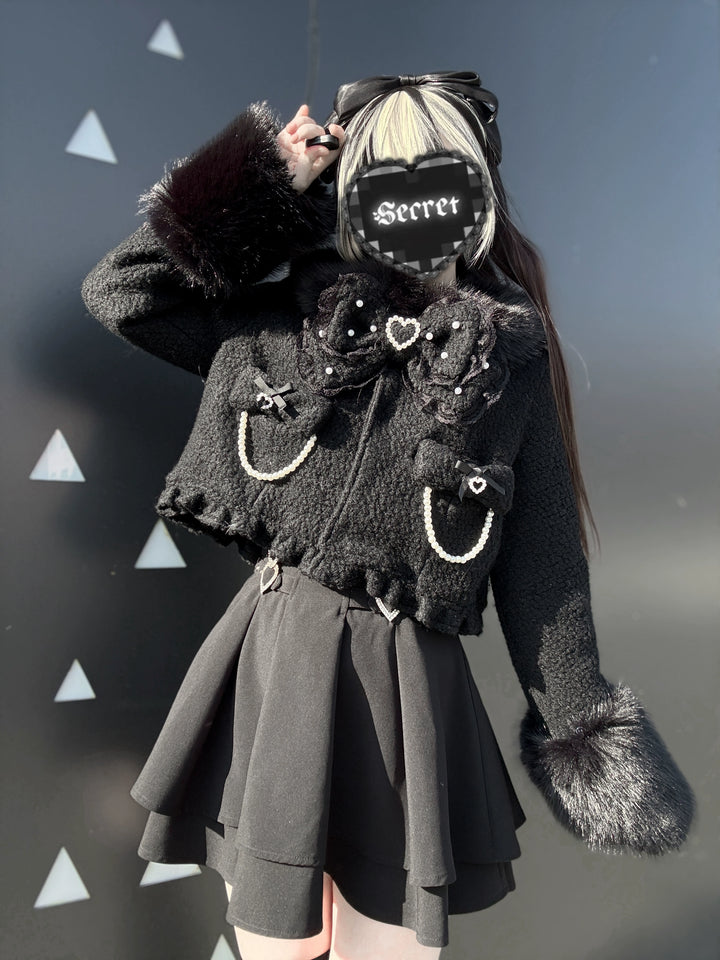 Black Jirai Kei Short Coat, Detachable Faux Fur Collar 44331:805475