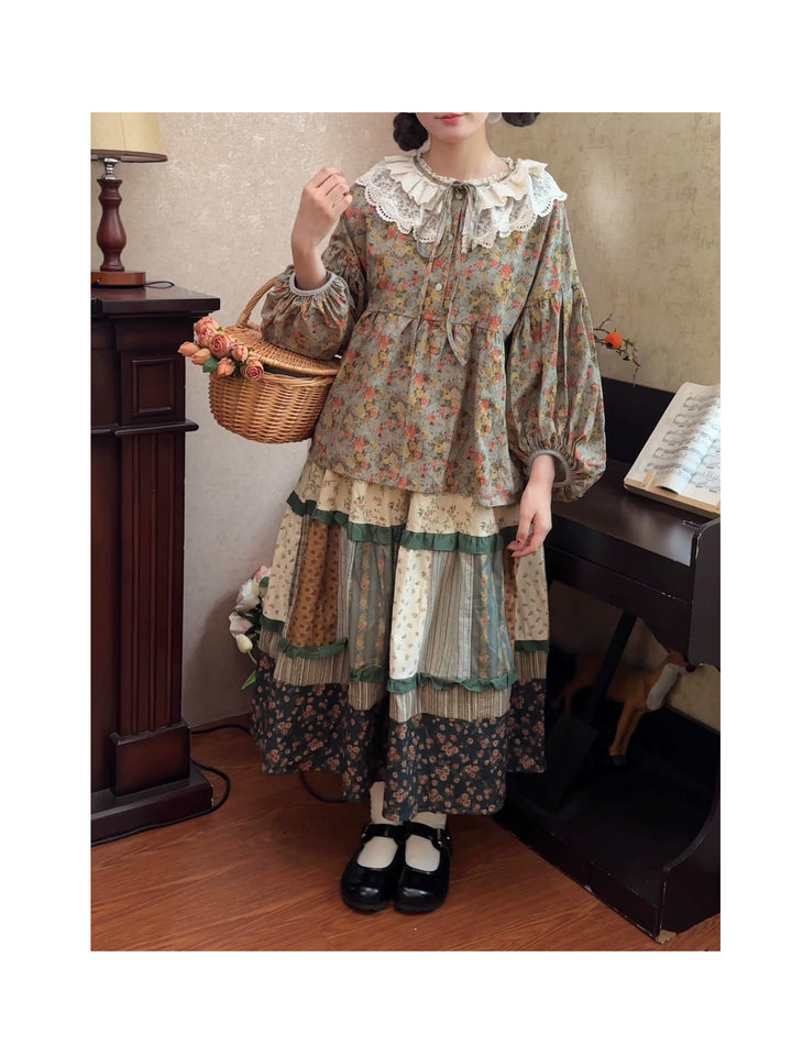 Mori Kei Skirt Retro Plaid Patchwork Floral Long Skirt 41800:714028