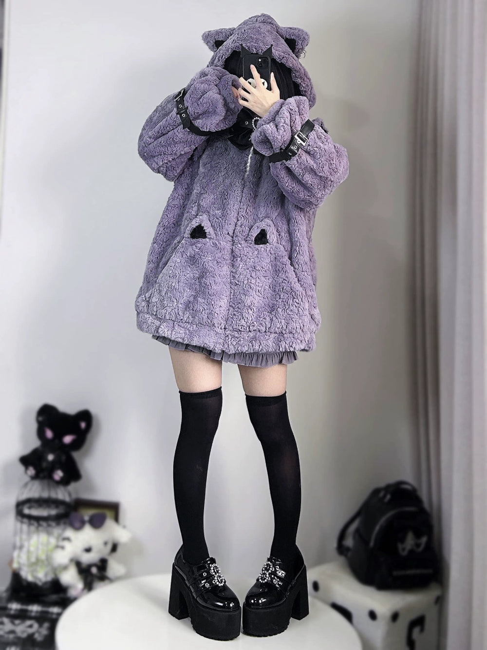 Jirai Kei Coat Cat Ear Hood Jacket Fleece Coat 39958:646710