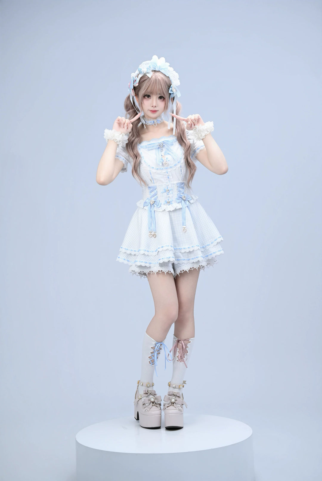 Jirai Kei Cotton Shirt, High-Waisted Suspender Skirt 45267:845203