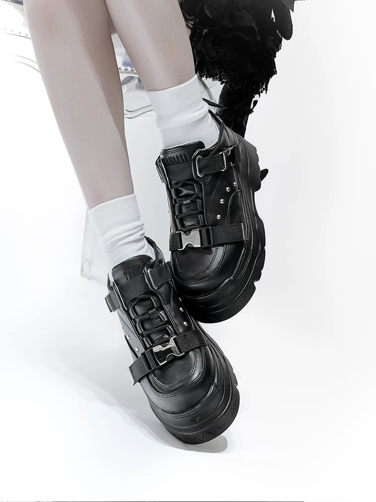 White/Black Punk High Platform Shoes, Metal Buckles 44400:807741