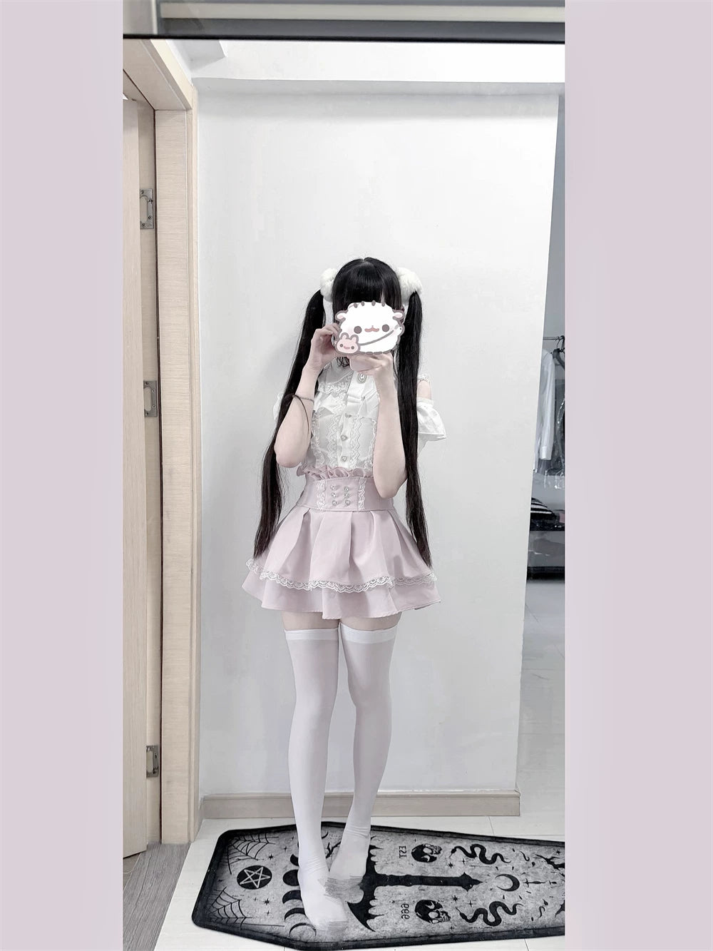 Jirai Kei High-Waist Skirt, Double Layered Lace Hem 45425:848626