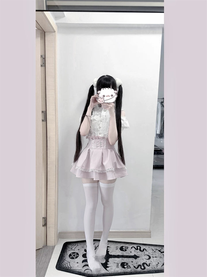 Jirai Kei High-Waist Skirt, Double Layered Lace Hem 45425:848626