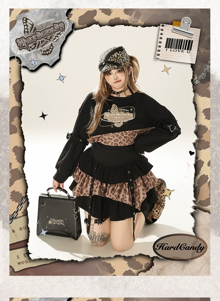 Plus Size Gyaru Outfit Set Leopard Plaid Skirt Set 39400:627830